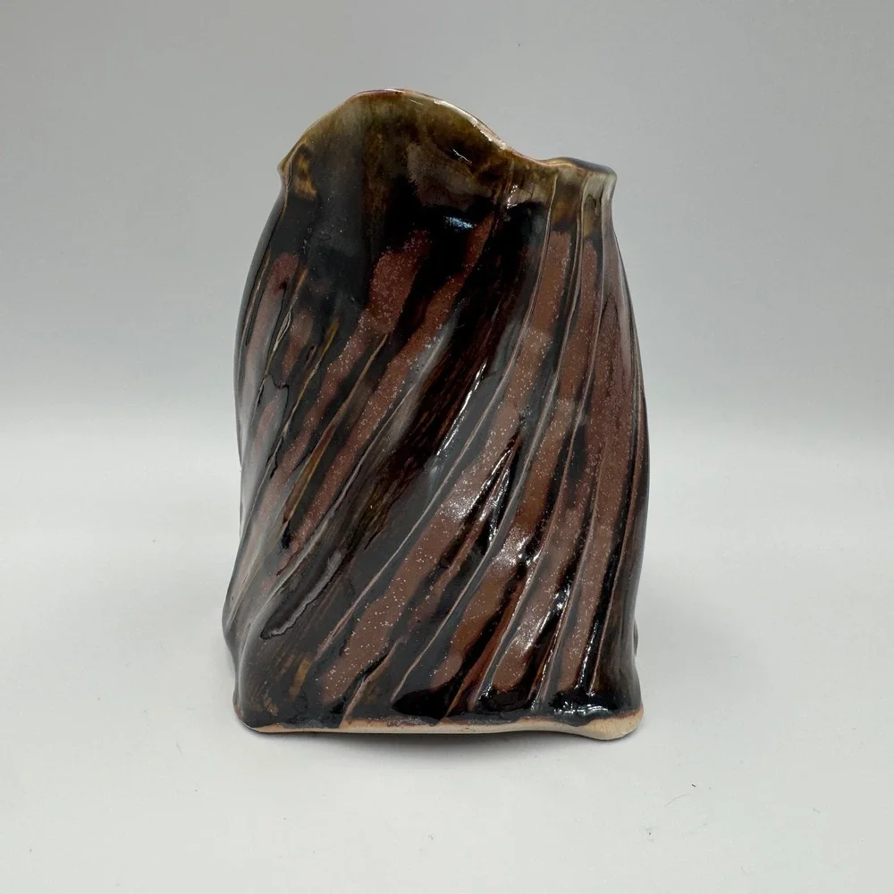 Studio Pottery Spiral Ribbed Pitcher Brown Tan Glossy Glaze Oxblood Red Interior